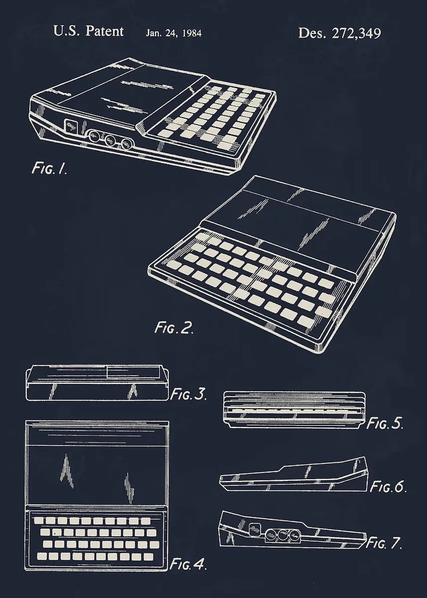 Patent illustration of a portable electronic device with multiple views on a dark background