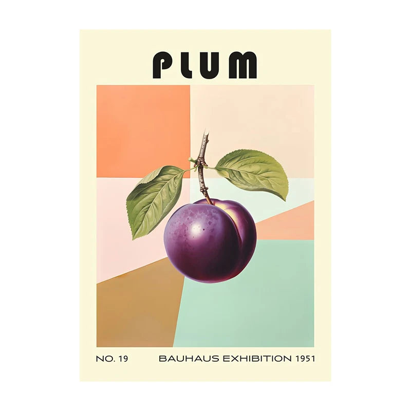 Poster with a plum illustration and Bauhaus Exhibition text on a colorful geometric background