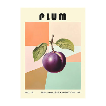Poster with a plum illustration and Bauhaus Exhibition text on a colorful geometric background