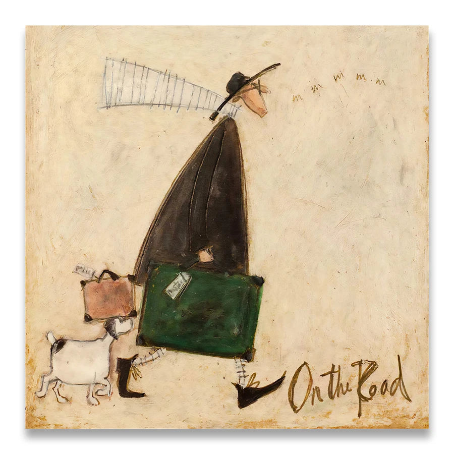 Artistic depiction of a person with a large fish for a body, walking a dog, on a textured beige background.