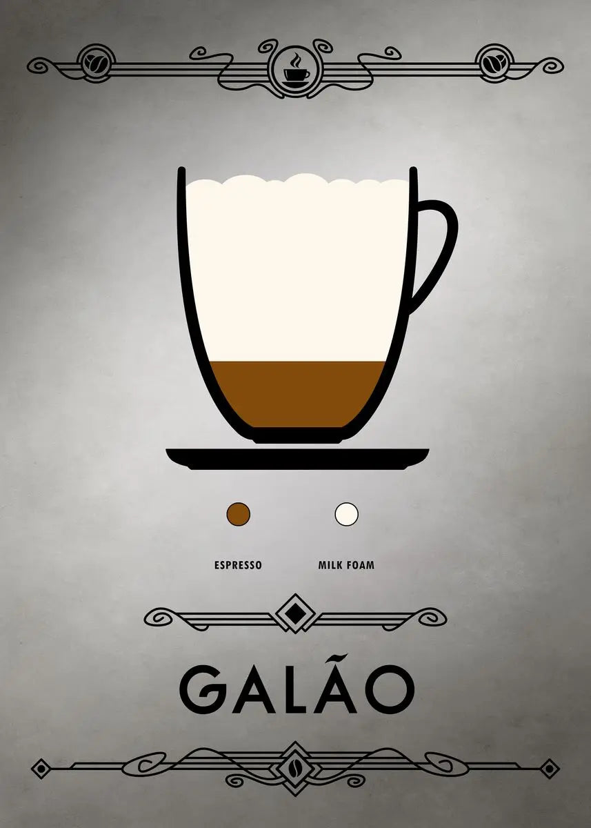 Illustration of a coffee cup with espresso and milk foam on a gray background, featuring the brand 'Galão'.