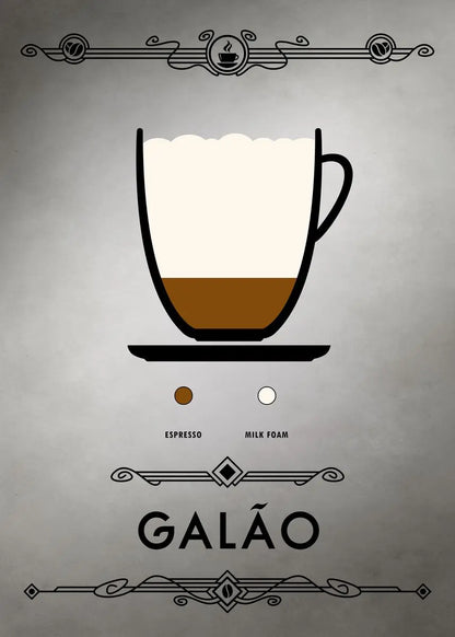 Illustration of a coffee cup with espresso and milk foam on a gray background, featuring the brand 'Galão'.