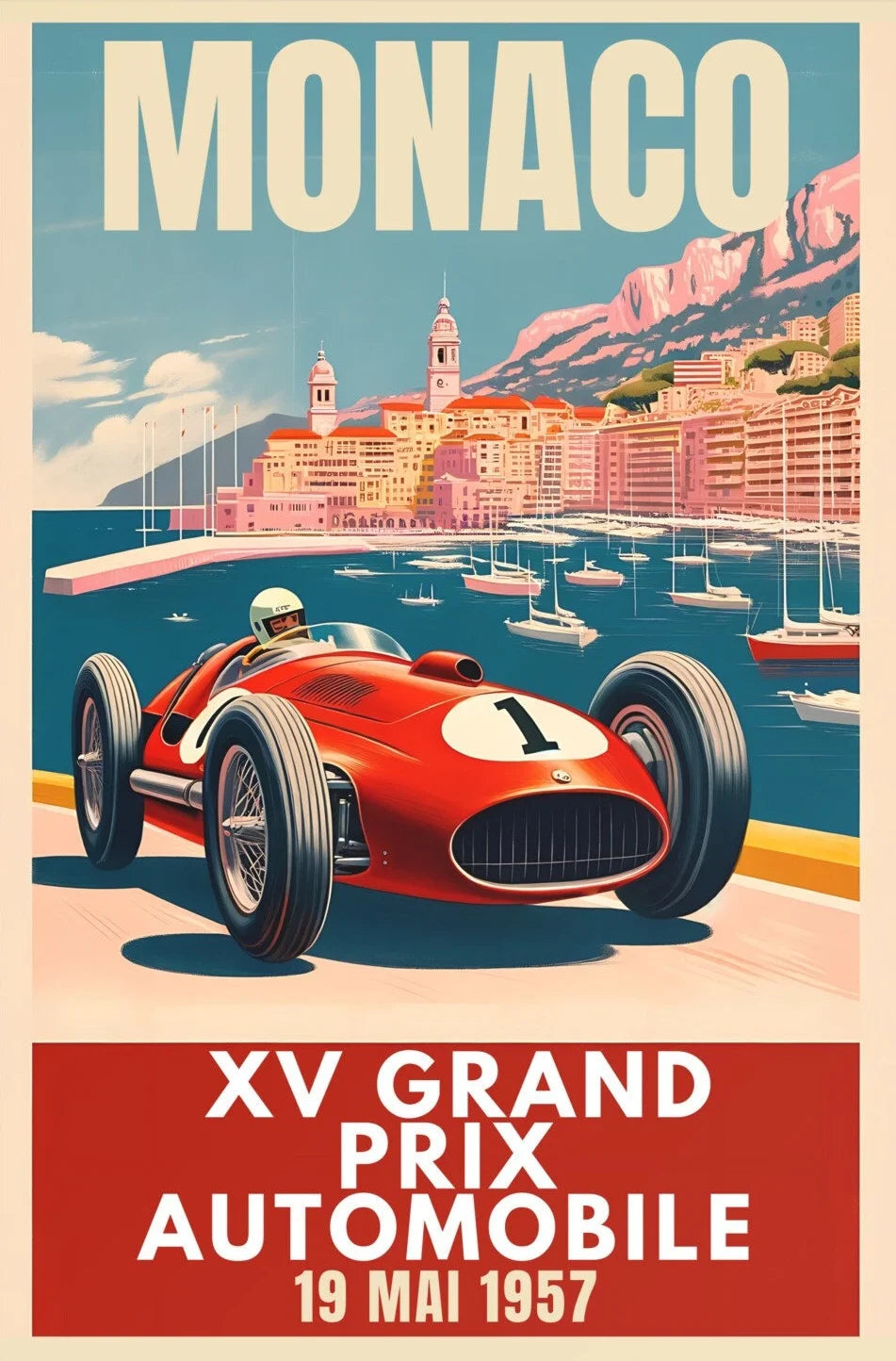 Vintage-style poster of a red racing car on a Monaco street with scenic background