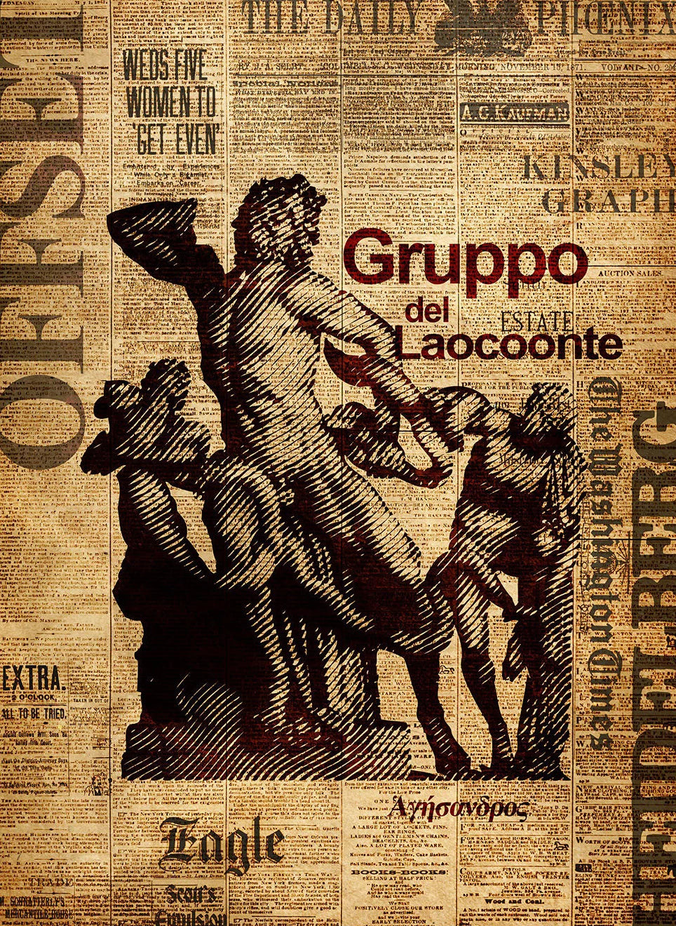 Artistic depiction of the Laocoön group on a newspaper background with text and logos.
