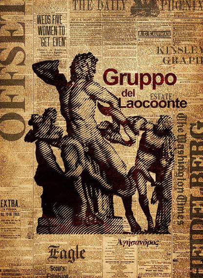 Artistic depiction of the Laocoön group on a newspaper background with text and logos.