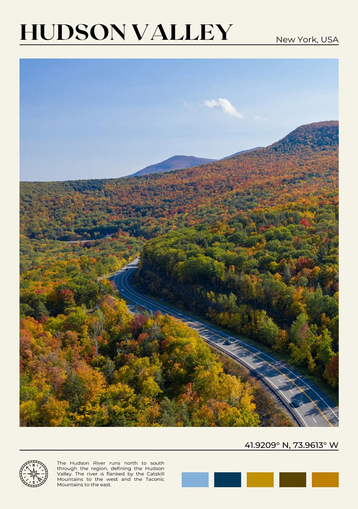 Scenic view of the Hudson Valley with a road winding through colorful autumn trees.