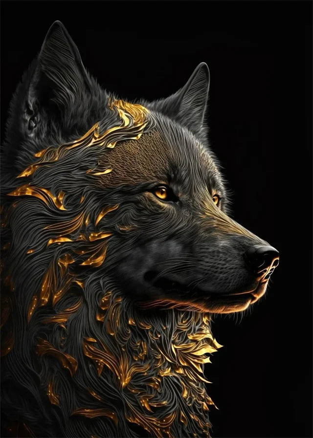 Wolf head with gold and black design on a black background