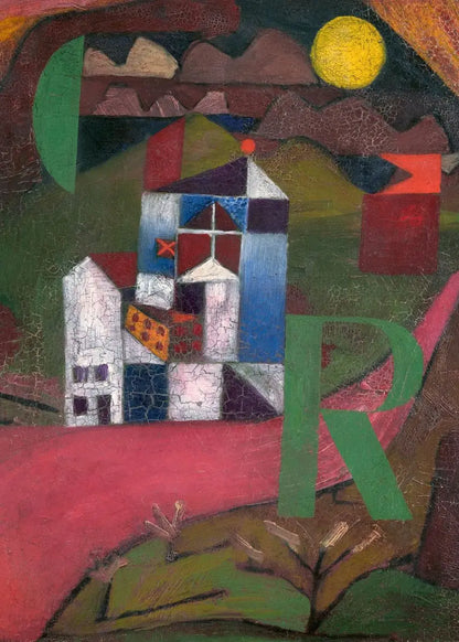 Abstract artwork with geometric shapes and a colorful landscape