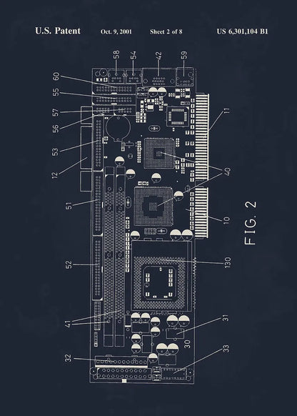 Technical diagram of a circuit board with labeled components on a dark blue background