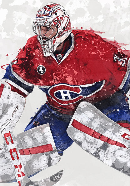 Hockey goalie in red and blue uniform with visible 'H' logo on a light gray background