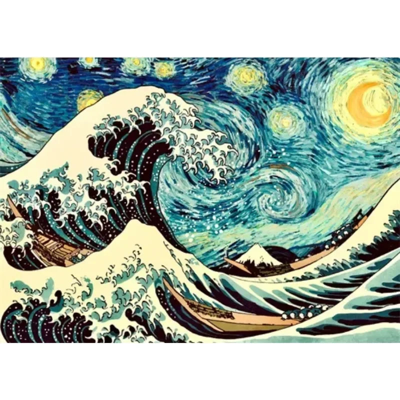 Artistic depiction of a wave with starry night sky elements