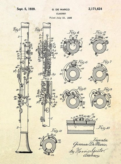 Patent illustration of a clarinet with detailed diagrams on a beige background