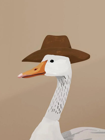 Goose wearing a brown hat on a beige background