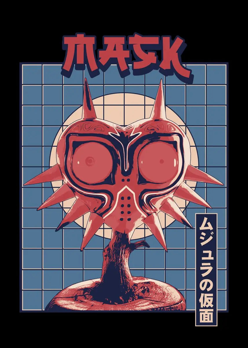 Vintage-style poster of a mask with grid background