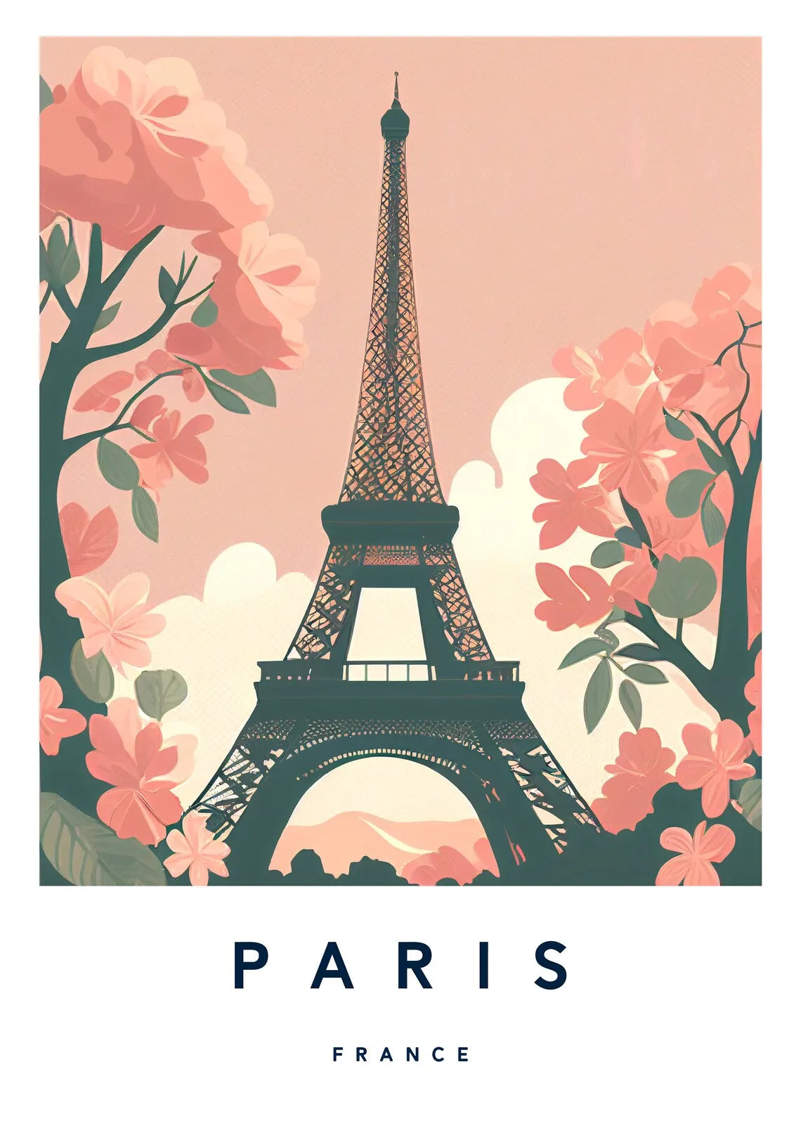 Illustration of the Eiffel Tower with cherry blossoms on a pink background, featuring the word 'PARIS' at the bottom.