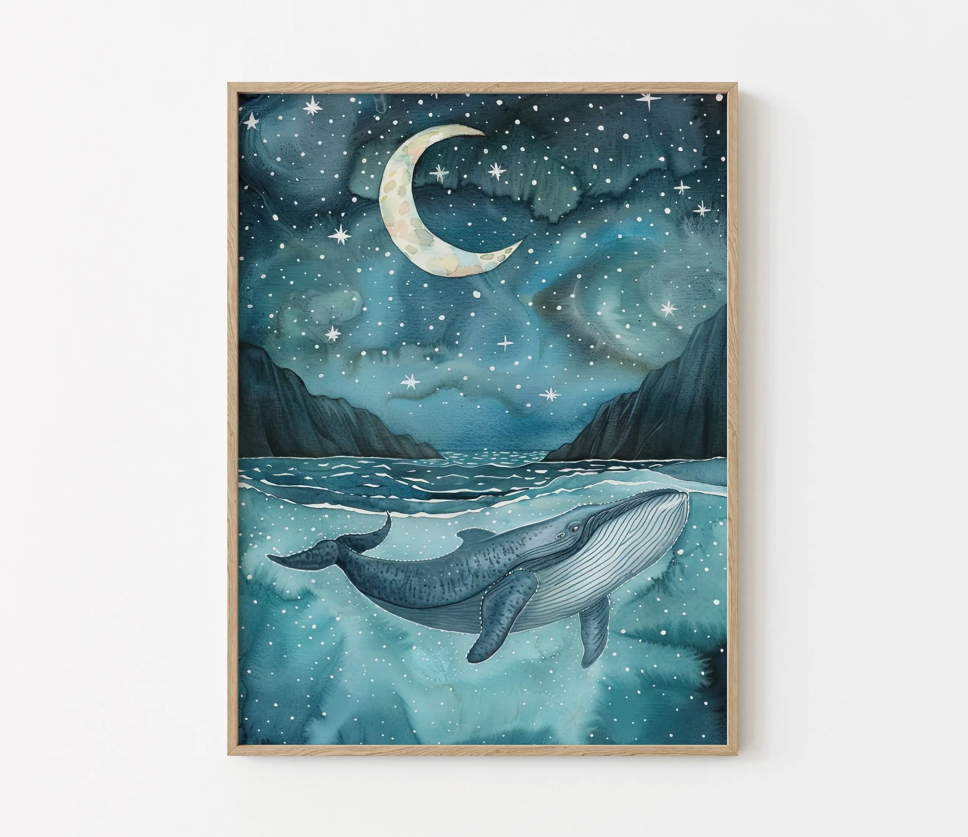 Framed artwork of a whale in the ocean under a starry sky with a crescent moon.