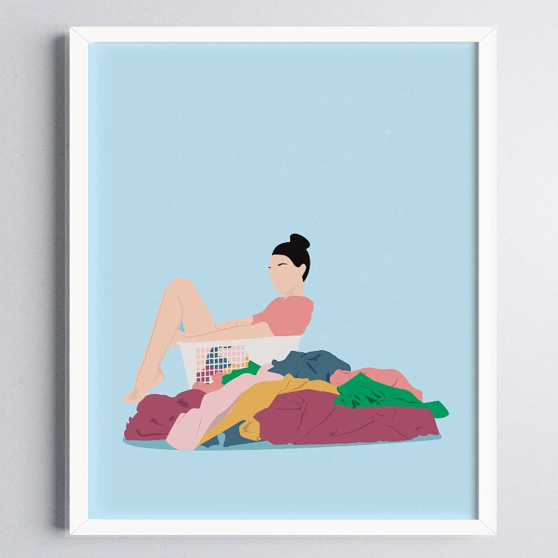 Illustration of a woman sitting on a laundry basket with clothes on a light blue background