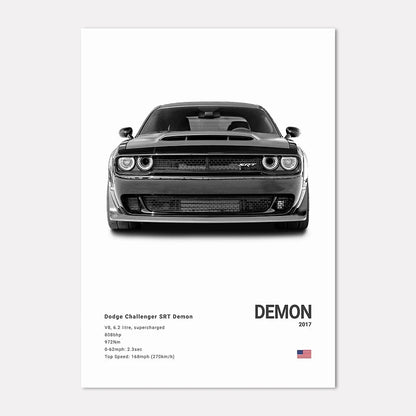 Dodge Challenger SRT Demon poster with specifications on a white background