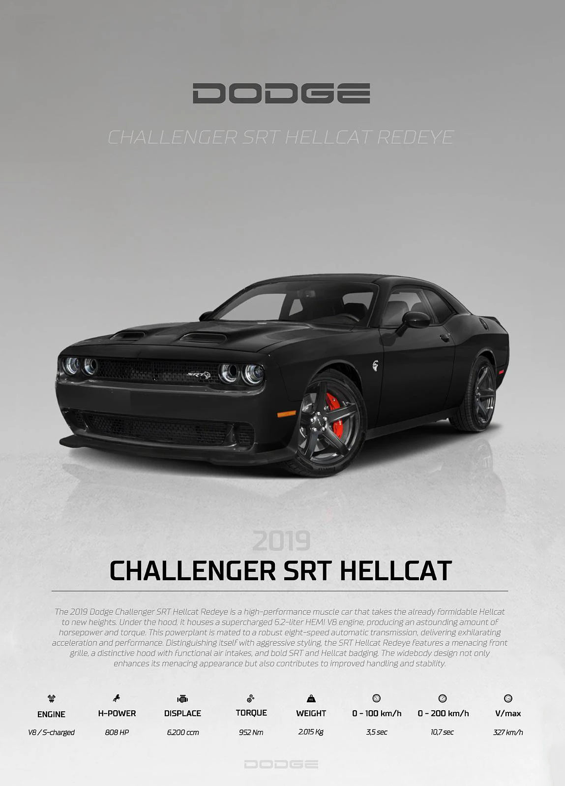 Black Dodge Challenger SRT Hellcat on a gray background with Dodge logo above.