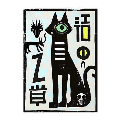 Artistic depiction of a black cat with stylized text and symbols on a light blue background