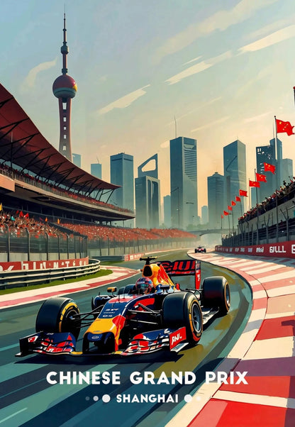 Formula 1 car on a race track with Shanghai skyline and Oriental Pearl Tower in the background
