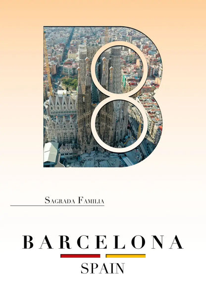 A stylized 'B' with a cityscape of Barcelona, featuring the Sagrada Familia, on a beige background.