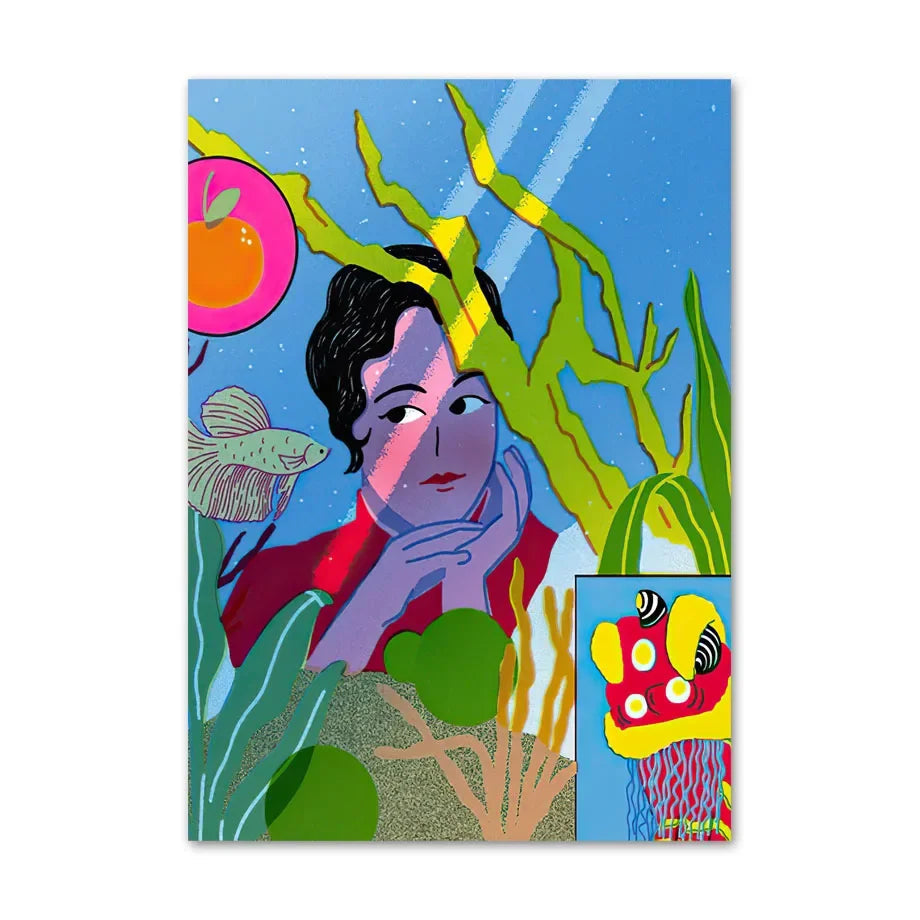 Colorful underwater scene with a person, fish, and plants on a blue background
