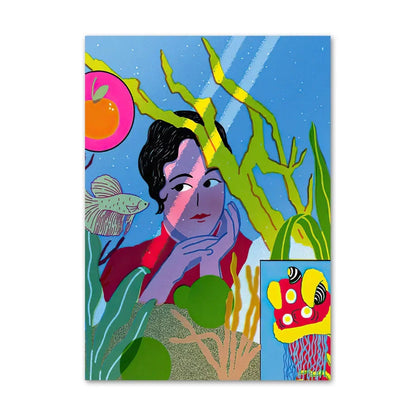 Colorful underwater scene with a person, fish, and plants on a blue background