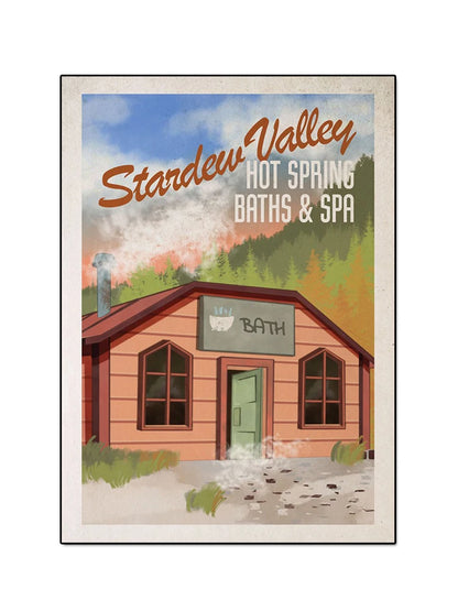 Illustration of a bathhouse with 'Stardew Valley Hot Spring Baths & Spa' text against a scenic background.