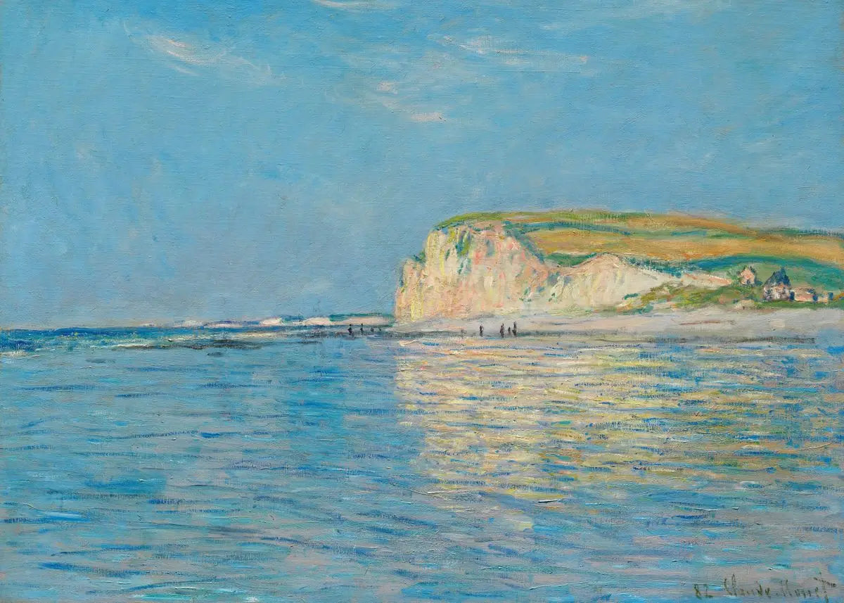 Painting of a coastal scene with a cliff and beach