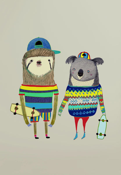 Illustration of a sloth and a koala wearing colorful sweaters and hats on a beige background.