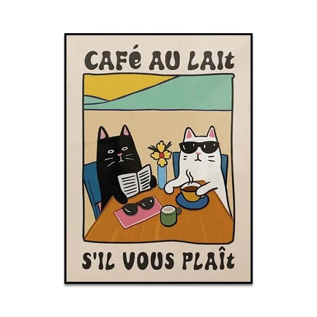 Poster with two cats sitting and text 'Cafe Au Lait S'il Vous Plait' on a beige background