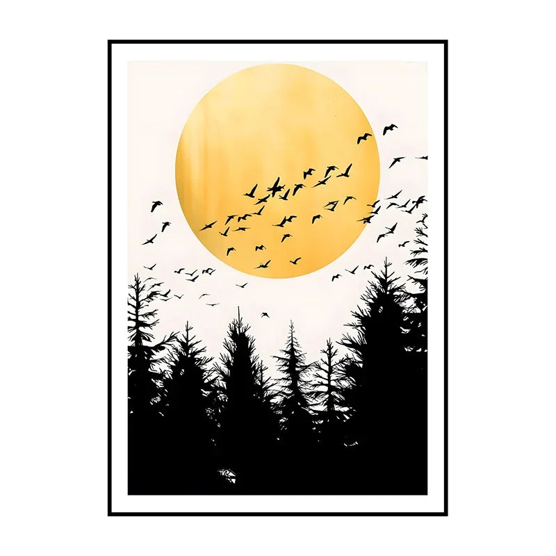 Framed artwork of a yellow sun with black birds and trees on a white background
