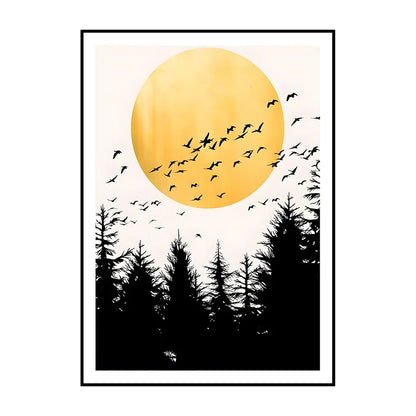 Framed artwork of a yellow sun with black birds and trees on a white background