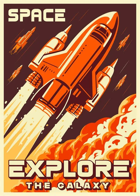 Vintage-style poster with a rocket ship and text 'Space Explore The Galaxy' on a brown background.