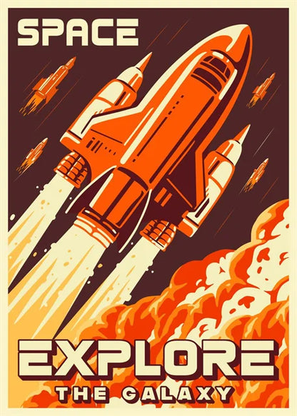 Vintage-style poster with a rocket ship and text 'Space Explore The Galaxy' on a brown background.
