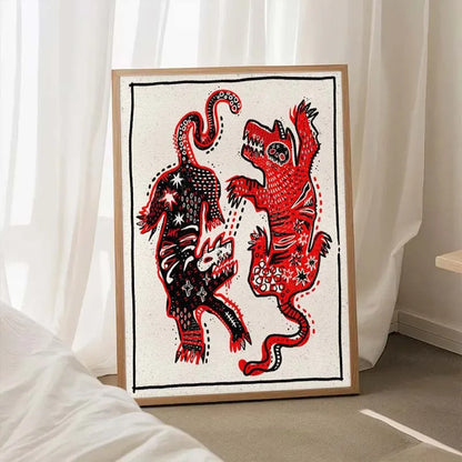 Framed artwork of two stylized dragons, one black and one red, on a white background.