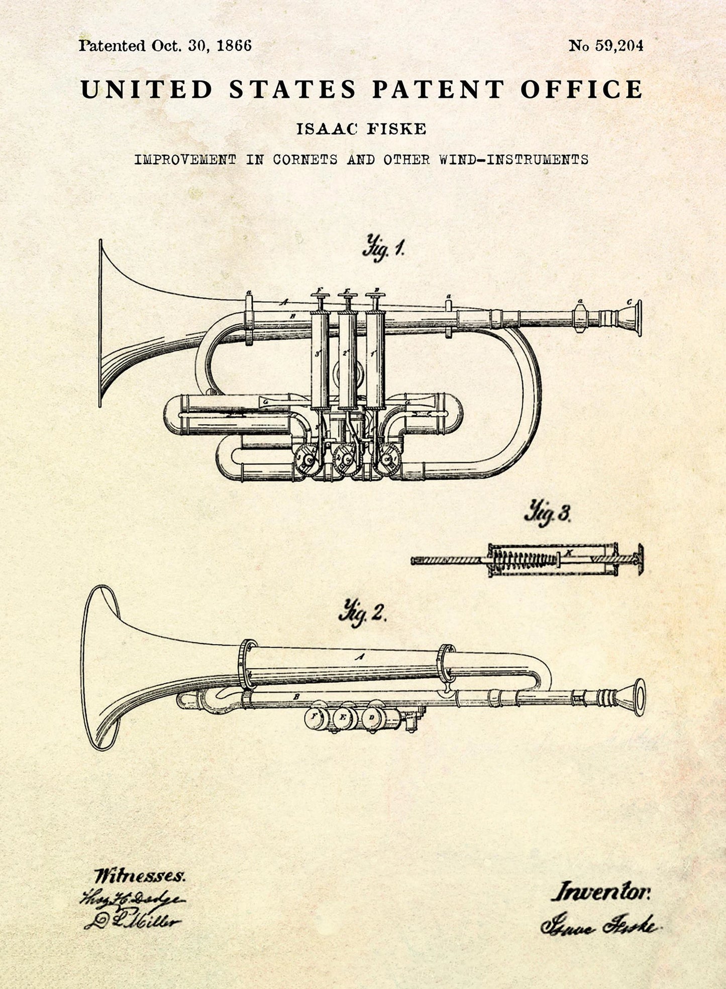 Patent illustration of a cornet and other wind instruments by Isaac Fiske, with text from the United States Patent Office.