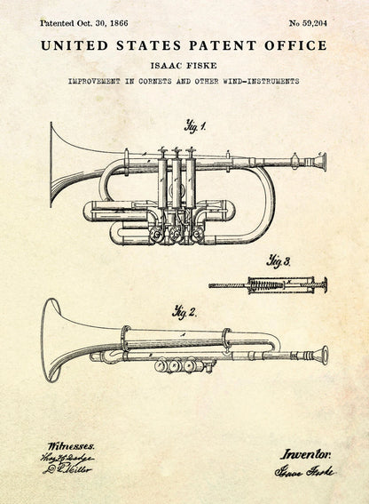 Patent illustration of a cornet and other wind instruments by Isaac Fiske, with text from the United States Patent Office.