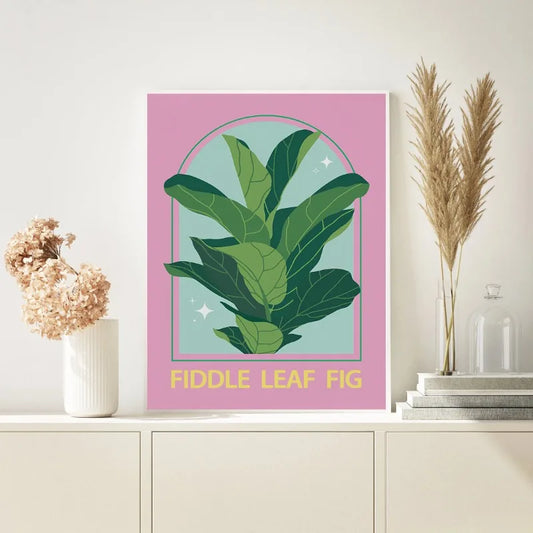 Fiddle leaf fig plant illustration on a pink background with decorative elements. Canvas & Curio