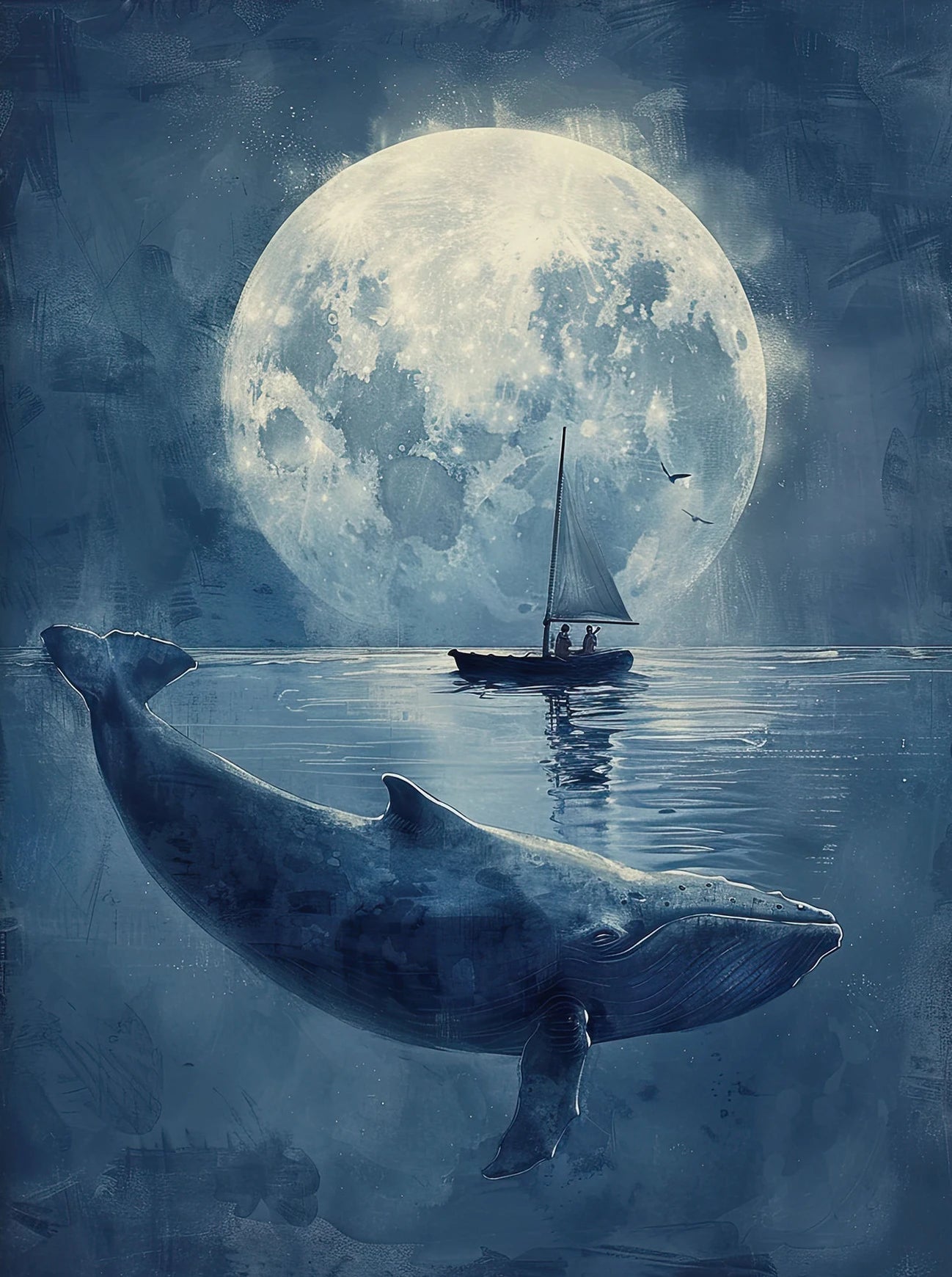 Whale swimming in water with a sailboat and large moon in the background