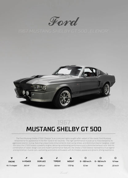 1967 Ford Mustang Shelby GT 500 on a gray background with branding and model details.