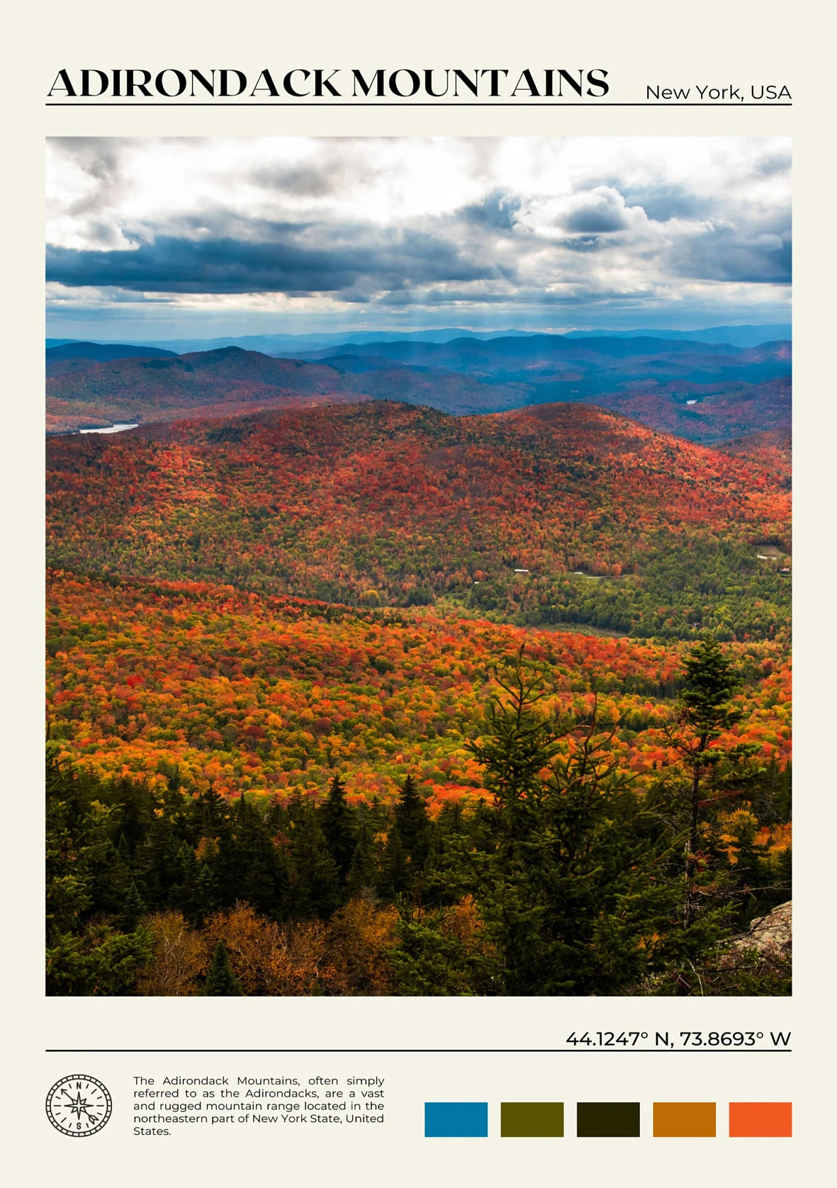 Scenic view of the Adirondack Mountains with autumn foliage.