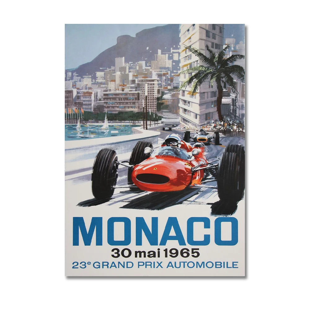Vintage-style poster of a red racing car on a city street with text indicating Monaco Grand Prix, 1965.