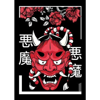 Red demon mask with white horns and red roses on a black background