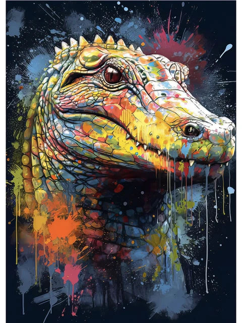 Colorful crocodile painting with abstract splashes on a dark background
