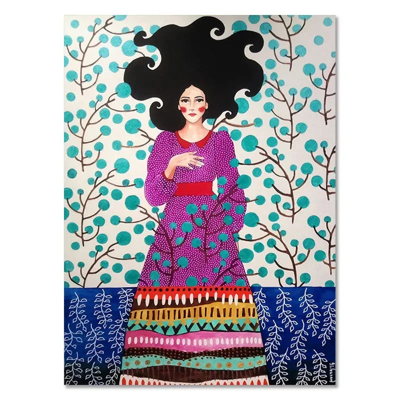 Artistic depiction of a woman with black hair and a colorful dress against a patterned background