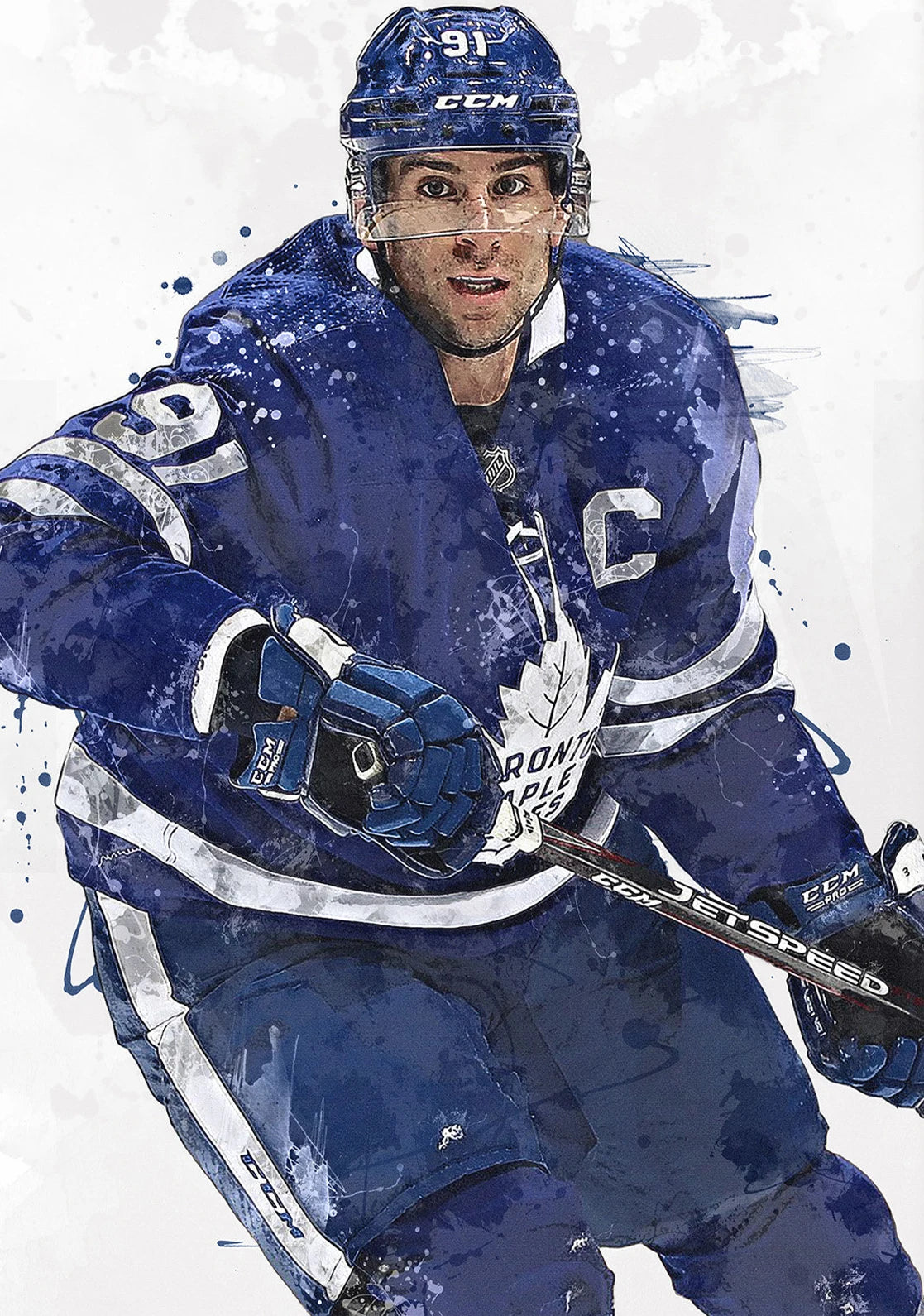 Hockey player in blue uniform with 'C' on jersey, holding a hockey stick, against a white background.