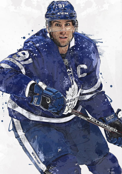 Hockey player in blue uniform with 'C' on jersey, holding a hockey stick, against a white background.