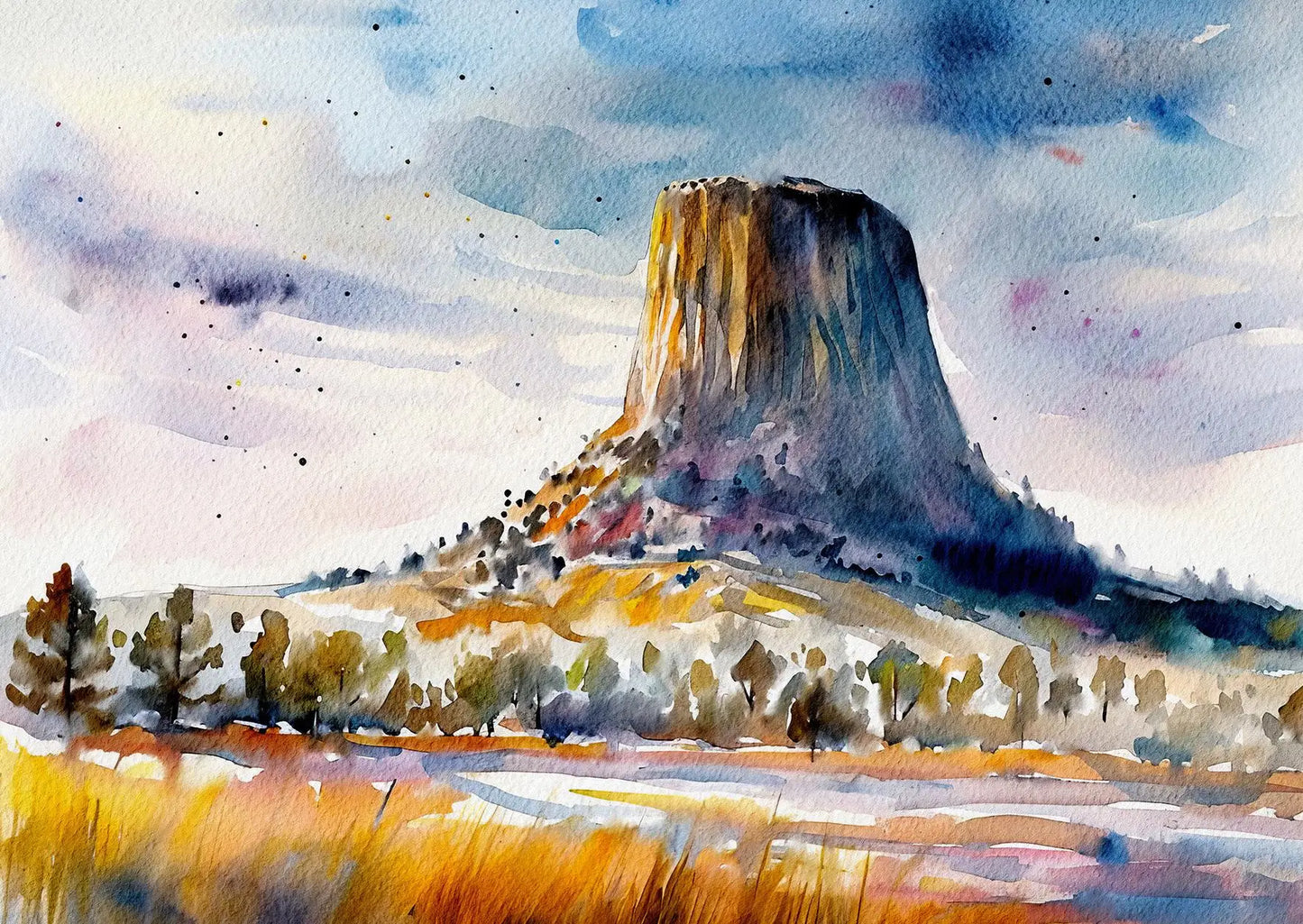 Watercolor painting of a desert landscape with a prominent rock formation.